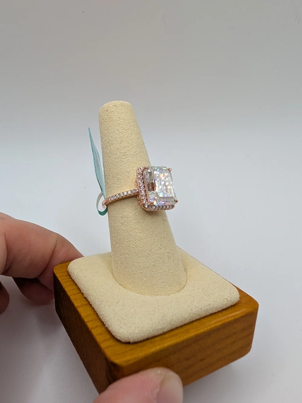Rose Gold Halo Emerald-Cut Cubic Zirconia Engagement Ring